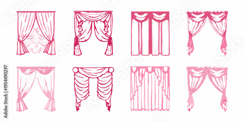 Collection of hand drawn pink curtain designs for interior decoration