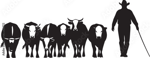 Cowboy with cattle herd vector illustration line art silhouette on checkered background