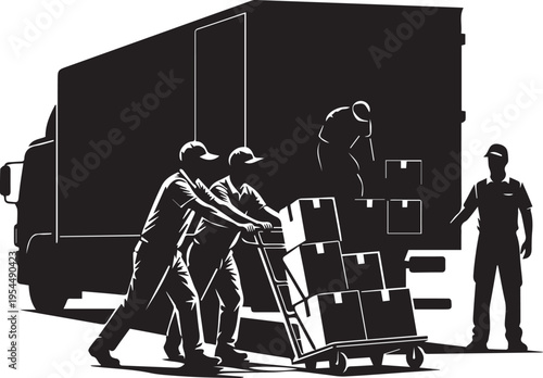 Delivery service vector silhouette illustration movers with boxes and truck line art