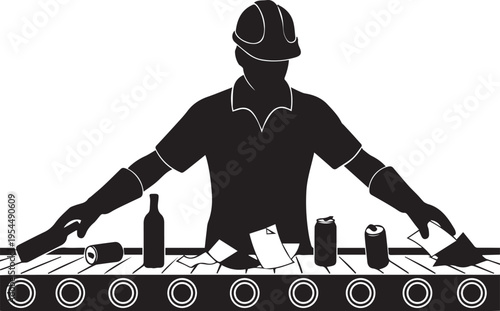 Industrial worker on conveyor belt processing waste recycling sorting trash vector silhouette