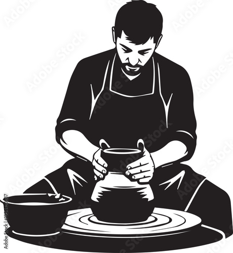 Potter making clay pot on wheel vector silhouette illustration line art