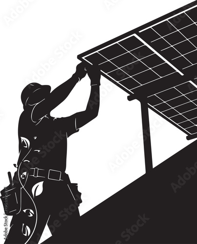 Solar panel installation worker vector silhouette illustration line art