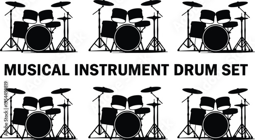 "Collection of identical drum set silhouettes featuring bass drum, snare, toms, and cymbals arranged in rows, representing musical instrument percussion kit illustration"