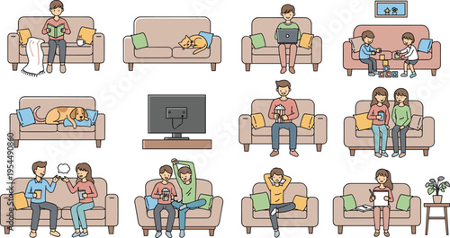 Family and Lifestyle on Sofa Collection with People Reading, Watching TV, Using Laptop, Playing Games and Relaxing Cartoon Vector Set for Home and Daily Life Designs