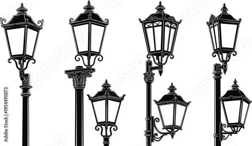 Collection of ornate vintage street lamp silhouettes with classical bases, scrollwork, and decorative finials, symbolizing historical urban lighting and architectural design for stock use.