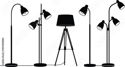 Collection of six floor lamp silhouettes with varied designs including single-headed, dual-headed, tripod, and curved styles, symbolizing interior lighting and decor design.