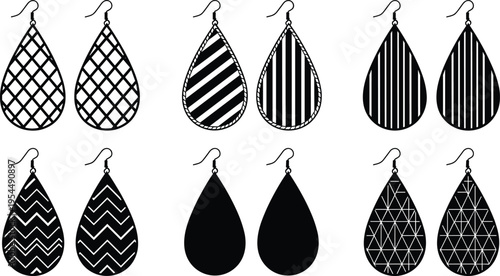 Collection of teardrop earring silhouettes with lattice, striped, chevron, solid, and geometric patterns, symbolizing jewelry, fashion, and decorative accessory design for stock use.