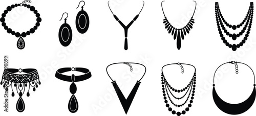Collection of ten jewelry silhouettes including necklaces and earrings with varied pendants, strands, and shapes, symbolizing fashion, elegance, and accessory design for stock use.