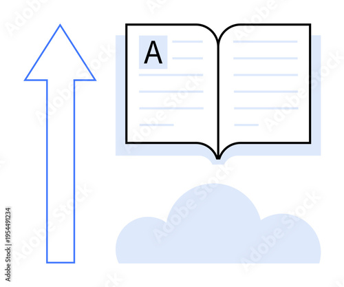 Education, e-learning, knowledge sharing, cloud storage, digital literacy, innovation. Open book above a cloud with an upward arrow. Education and e-learning concept