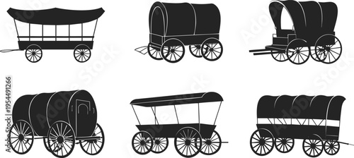 Set of six stylized covered wagon silhouettes showing diverse historical designs with distinct covers, wheels, and structures for vintage, educational, and design purposes