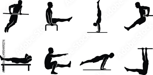 Set of Calisthenics and Bodyweight Exercise Silhouettes for Fitness Training, Featuring Handstand, Planche, Squats, and L-Sit for Gym Apps, Sports Branding, and Workout Infographics