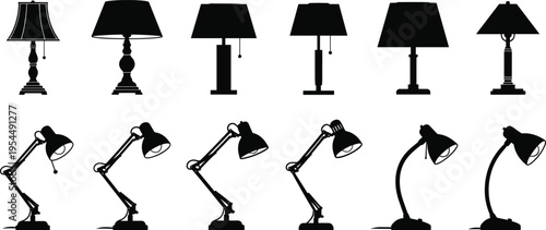 Silhouette collection of diverse lamp designs featuring elegant table lamps and flexible desk lamps, showcasing modern and traditional styles for interior lighting and workspace inspiration