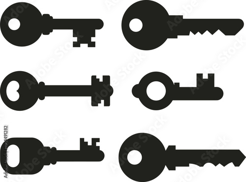 Silhouette illustration of antique and modern keys with varied designs, showcasing locksmithing, security, identification, and decorative key artwork for stock design purposes.