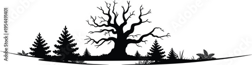 Silhouette illustration of dramatic leafless tree with twisted branches surrounded by pine trees, ferns, and grasses, symbolizing wilderness, seasonal change, and natural forest landscape.