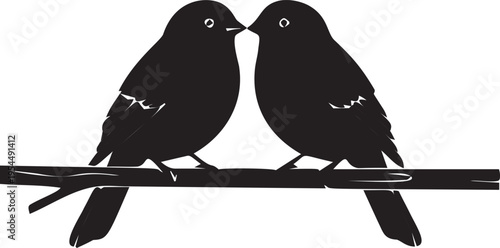 Two birds silhouette sitting on a branch facing each other vector illustration for love and nature romance themed design work