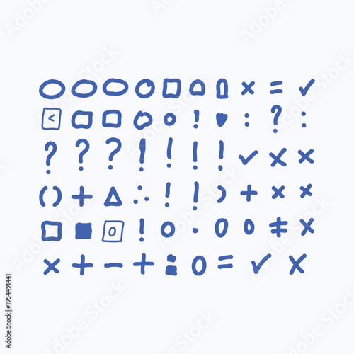 Blue hand drawn mathematical and punctuation symbols vector illustration isolated on white background.