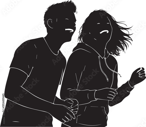 Happy young couple silhouetted laughing together with joy and freedom illustration on transparent background