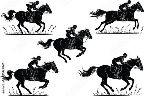 Silhouette illustration of horse riders in dynamic galloping and jumping poses, showcasing equestrian speed, motion, athleticism, and the bond between horse and rider for stock design.