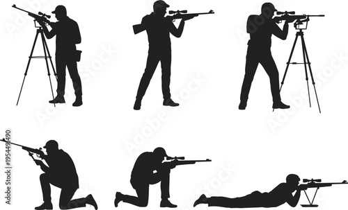 Silhouette illustration of individuals aiming rifles in standing, kneeling, crouching, and prone positions, showcasing shooting stances,
