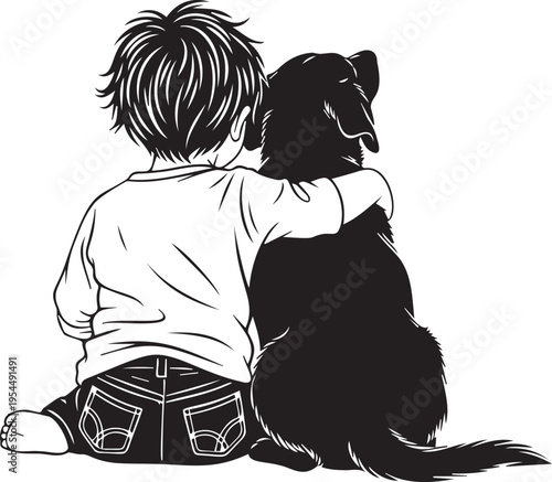 Little boy hugging his beloved dog from behind, symbolizing friendship and loyalty on a transparent background