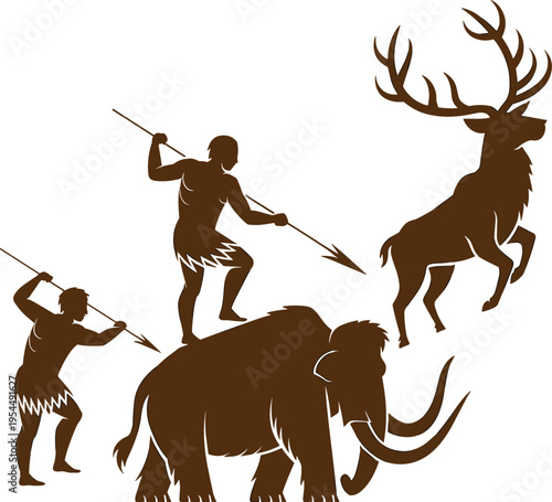 Silhouette illustration of prehistoric hunters with spears targeting mammoth and deer, symbolizing early human life, primitive hunting practices, and interaction with megafauna in ancient times.