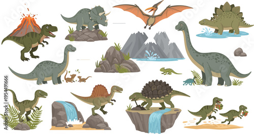 Prehistoric Dinosaur Landscape Collection with T-Rex, Triceratops, Brachiosaurus, Stegosaurus, Pterodactyl and Volcanic Scenes Cartoon Vector Set for Kids Designs