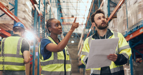 Canvas Print Business people, pointing and boxes with blueprint for storage expansion, construction or improvement