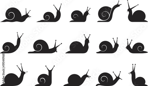Silhouette illustration of snails with varied shell shapes, antenna positions, and body postures, symbolizing diversity in snail morphology and artistic design for stock use.