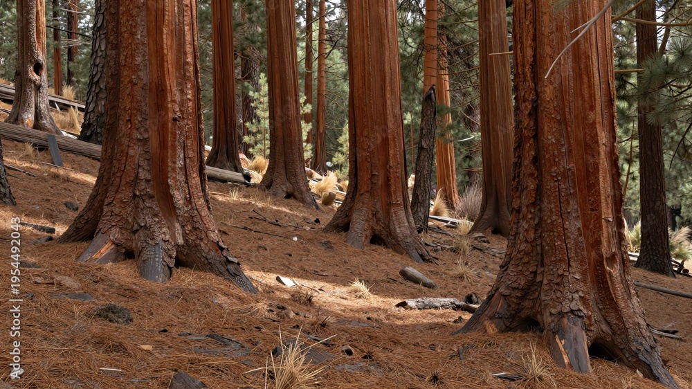 Fototapeta premium Giant redwood trees trunks in sunlit forest floor covered with pine needles brown bark rough texture ancient giants