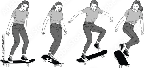 Young woman skateboarding sequence illustration set, female skateboarder performing tricks on board, urban street sport vector collection for design, icons, stickers, templates
