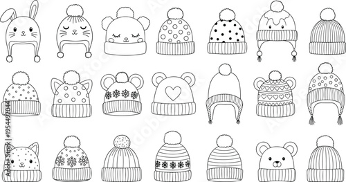 Black and White Collection of Twenty Winter Hats Featuring Animal Faces, Patterns, Pom-Poms, and Tassels, Perfect for Coloring, Design Inspiration, and Seasonal Fashion Artwork