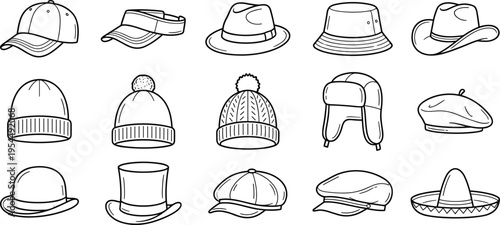 Black and White Line Drawing Collection of Sixteen Hat Styles Including Baseball Cap, Fedora, Beanie, Ushanka, Beret, Sombrero, and More Fashion Headwear Designs