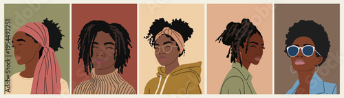 Colorful vector set of diverse women avatars featuring Black and multicultural female portraits with stylish hairstyles, headwraps, and accessories in modern flat illustration style.