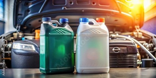 Two plastic bottles filled with automotive fluids such as oil and coolant with labels on them , cars, maintenance,  cars