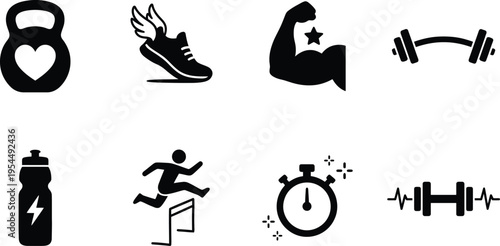 Fitness and gym icon set vector, sports and exercise symbols including kettlebell, dumbbell, bicep, and running shoe for health app interface, wellness website, and bodybuilding marketing