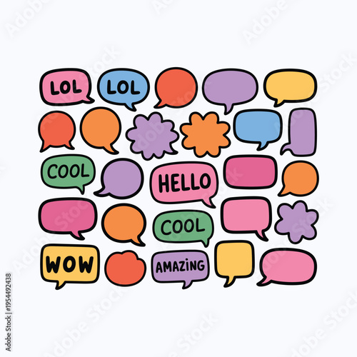 Colorful cartoon speech bubbles with various words and shapes conversation dialogue vector illustration isolated on white background.