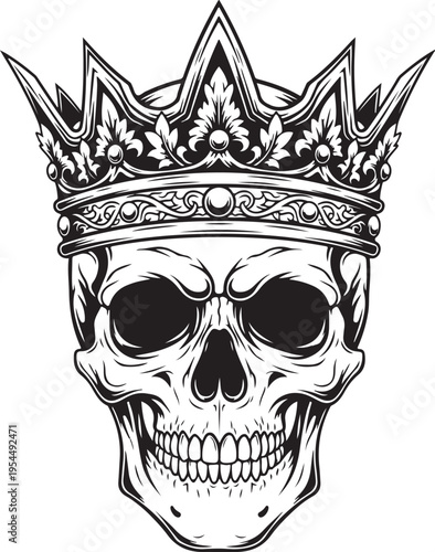 Illustration of a skull with crown in black and white style.