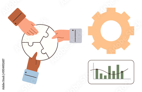 Team collaboration, business growth, analytics, workflow optimization, problem-solving, strategy visualization. Three hands joining puzzle pieces, gear and a data chart. Team collaboration