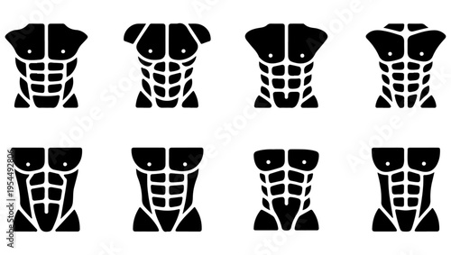Black silhouette icons depicting various stages of abdominal muscle development