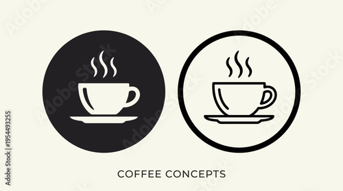 Stylized black and white circular coffee cup icons with steam, minimalist branding design representing café culture, hot drinks, and modern identity.