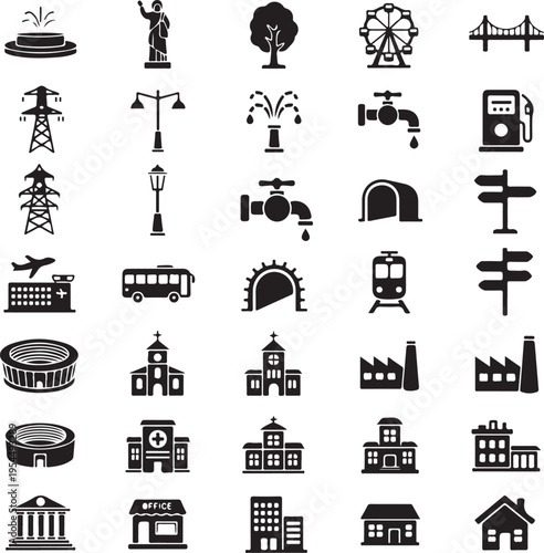 infrastructure and city elements, monochrome icons set.