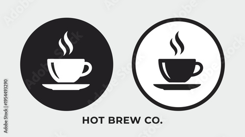Minimalist black and white circular coffee cup logo design with steam, branding identity for modern café, hot brew company.