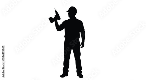 Construction worker operating a power drill a striking black silhouette