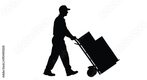 A delivery worker pushing boxes with a hand truck a dark silhouette