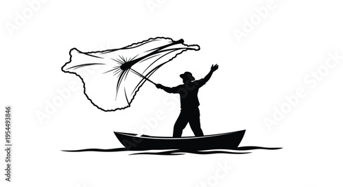 Fisherman in a boat casting net a striking black silhouette