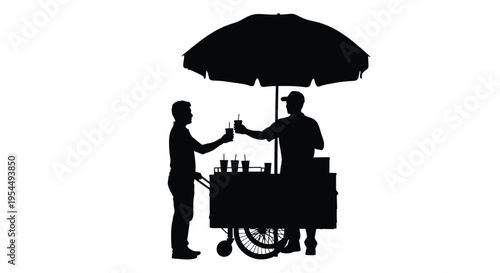 A vendor serves a customer under an umbrella stark black silhouette