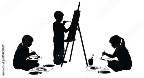 Children painting and drawing enjoying artistic expression a striking silhouette
