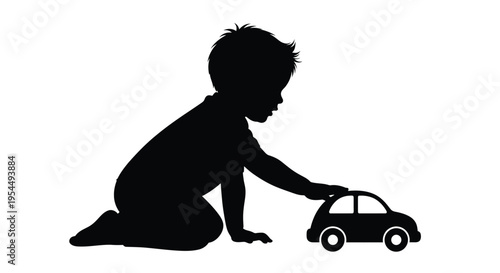 A young child playing with a toy car depicted in silhouette