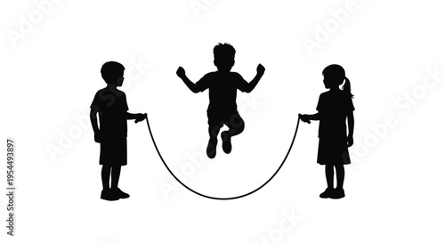 Children happily jumping rope together in a simple black silhouette