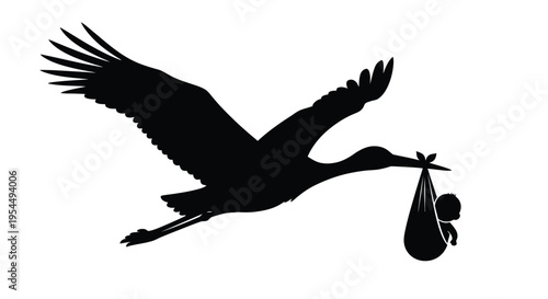 Stork carrying a baby in a bundle a classic illustration silhouette